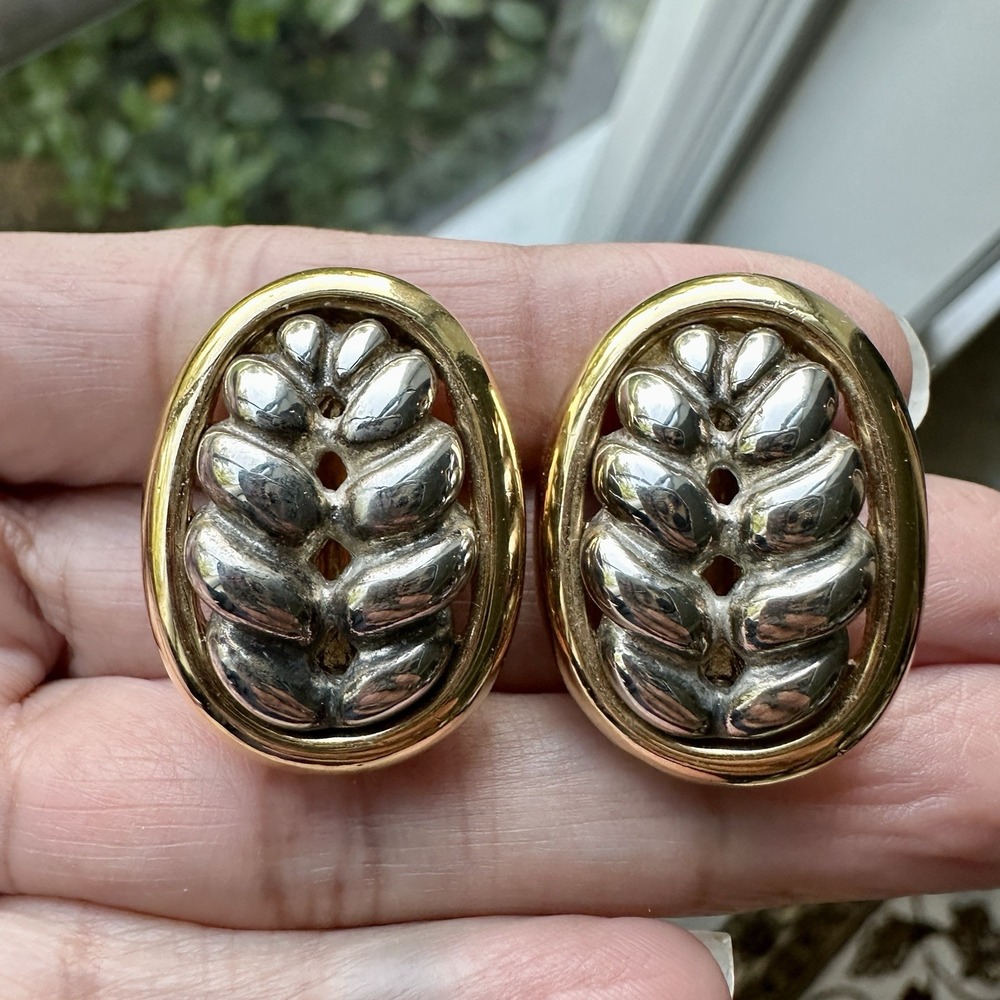VTG Givenchy Paris NY Earrings 1 Inch Wheat Oval Silver Gold Plated Classic Rare